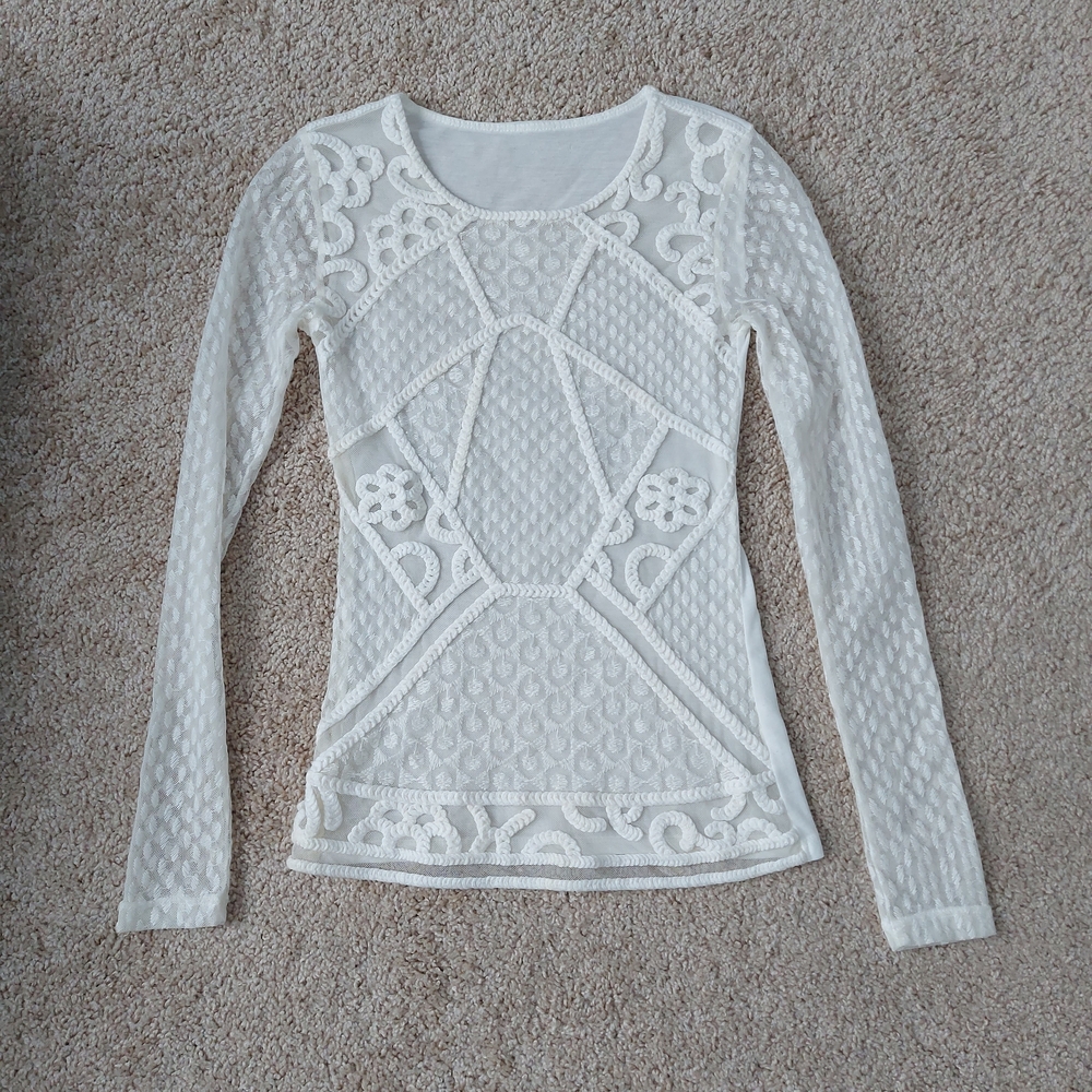 Chic White Lace Long Sleeve Blouse Top Casual Dressy